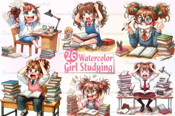 Download Watercolor Girl Studying Clipart - Color Collection