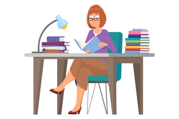 Download Woman Studying at Desk with Book Stacks. - Woman Collection