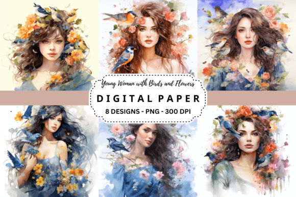 Download Young Woman with Birds and Flowers - Woman Collection